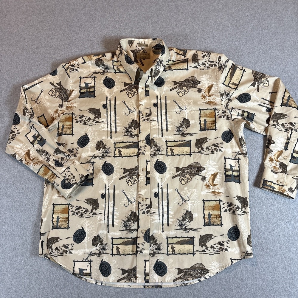 VTG Natural Issue Fishing Theme Men's Long Sleeve Button Down‎ Sz XL Tan 90s